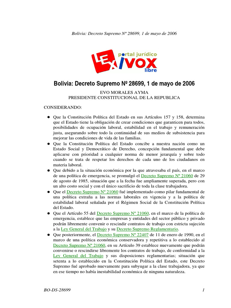 Decreto Supremo 28699 Del 01 de Mayo | PDF | Finanzas y dinero ...