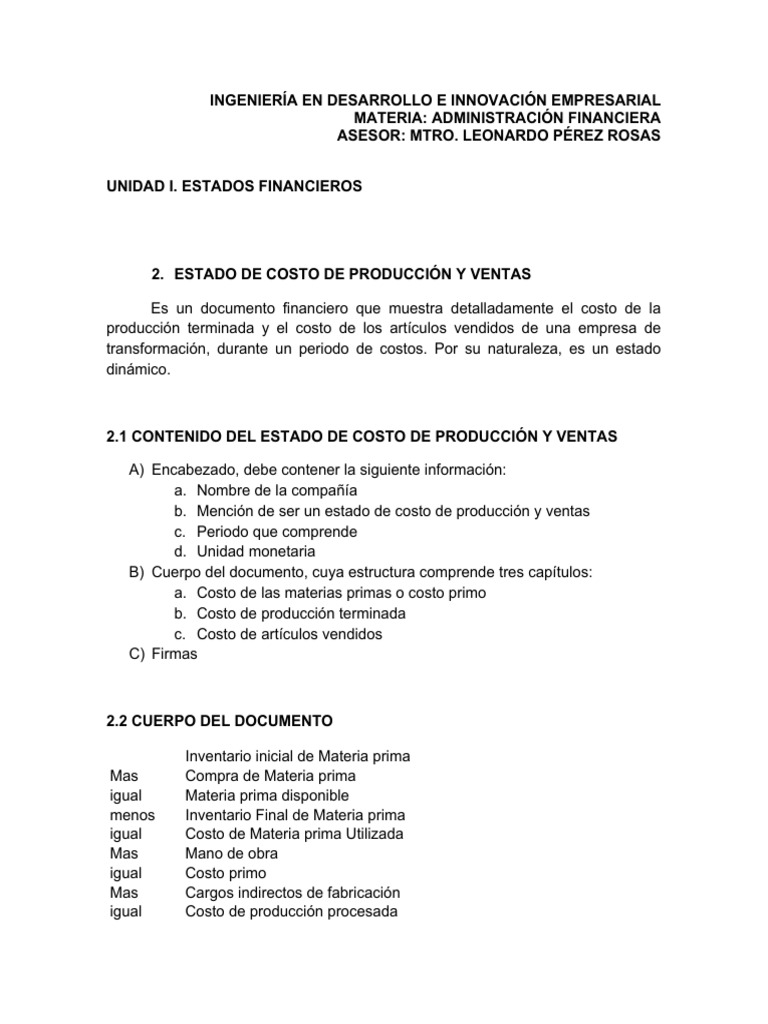Estado de Costo de Producción y Ventas | PDF | Estado de resultados ...
