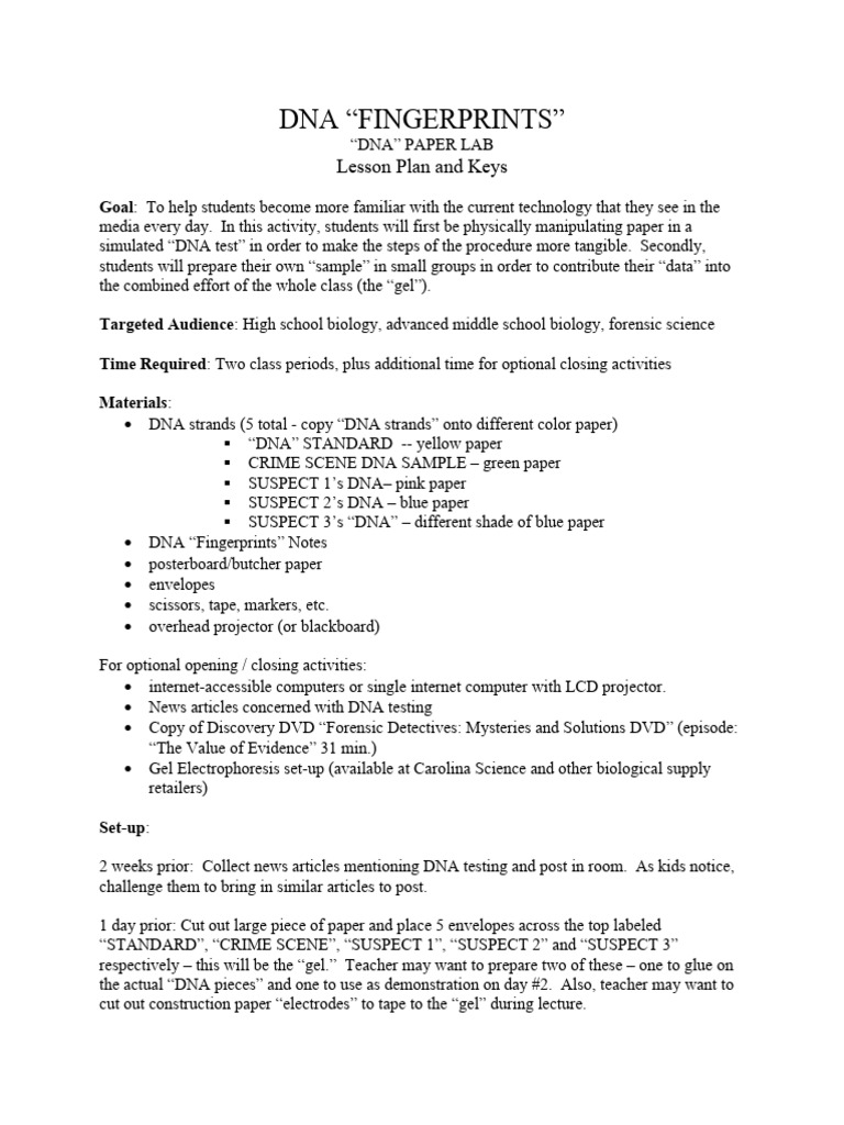 DNA Fingerprinting Lesson Plan | PDF | Teaching Methods & Materials ...
