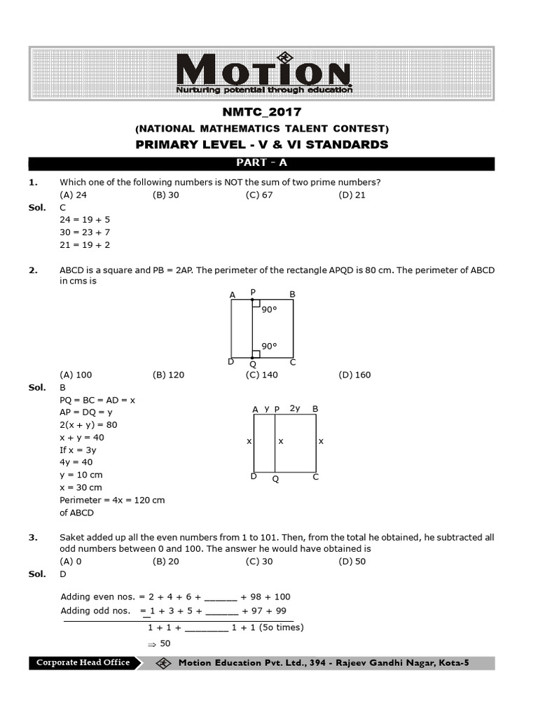 NMTC 2017 Primary Level Solutions | PDF | Area | Numbers