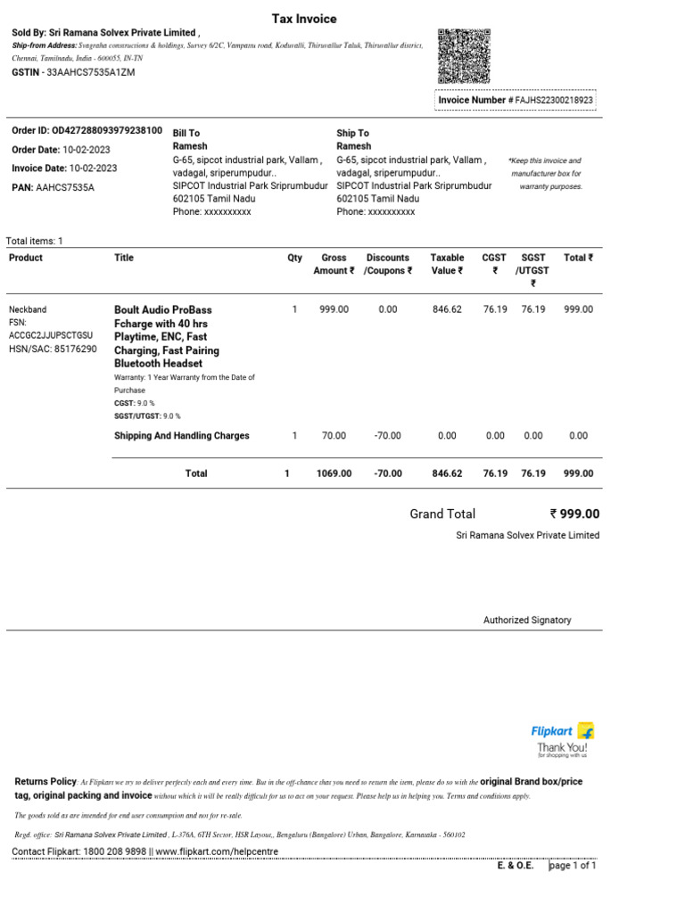 Boult Audio Warranty Invoice Details | PDF