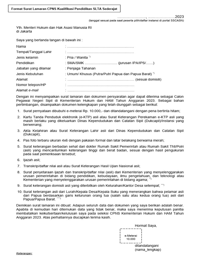 Surat Lamaran CPNS 2023 SLTA | PDF
