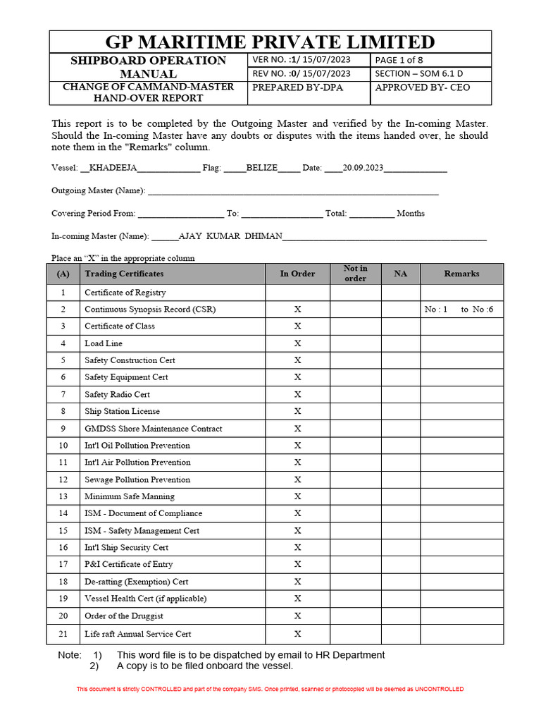 SOM 6.1 D1 Change of Command Master Handover Report Rev 0.2 | PDF ...
