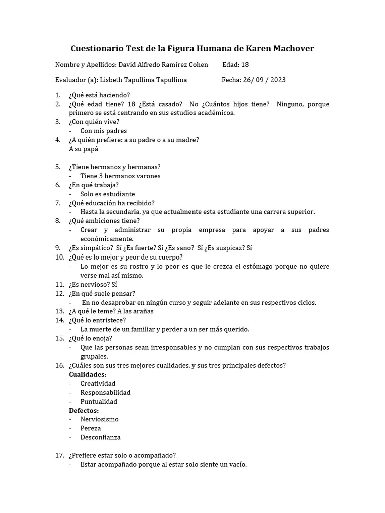 Cuestionario Test de La Figura Humana de Karen Machover | PDF