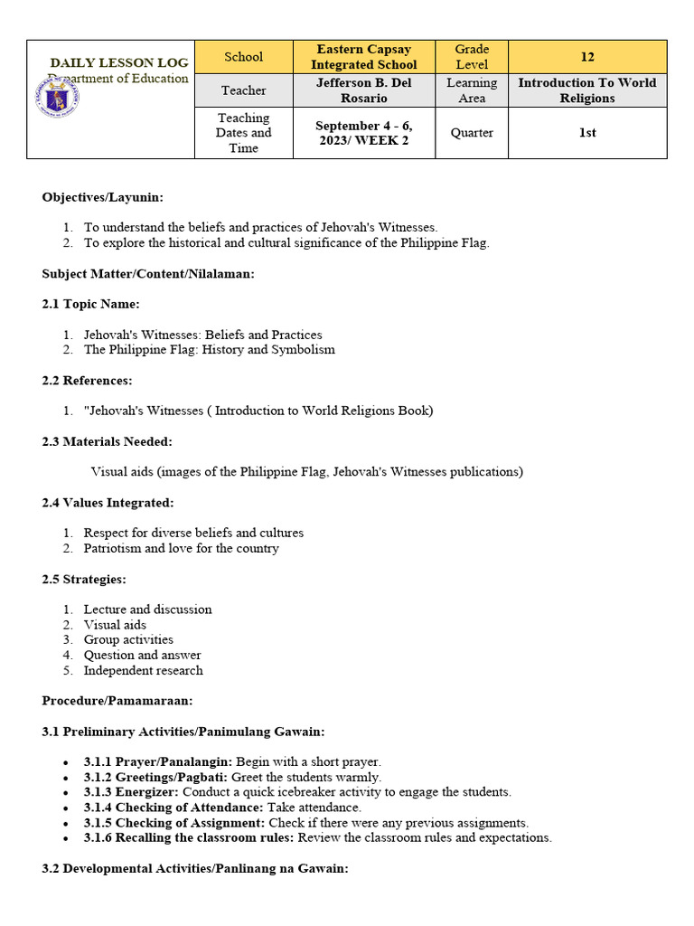 Lesson Plan Jehovah S Witnesses Flag Pdf Cognition Human