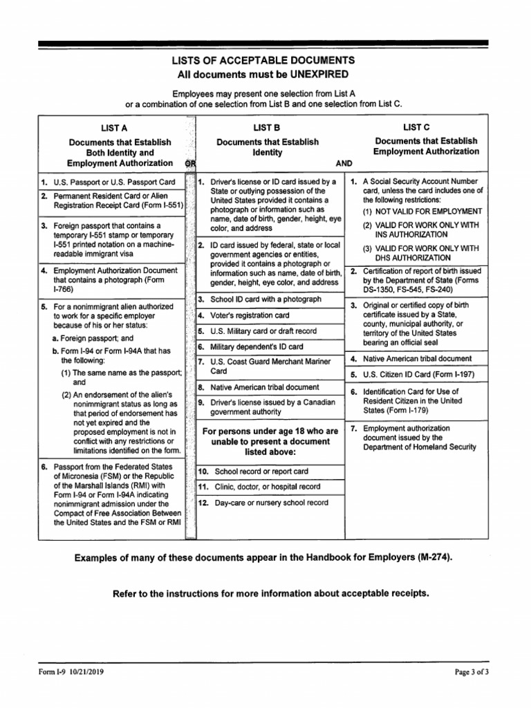 I-9 List of Documents | PDF