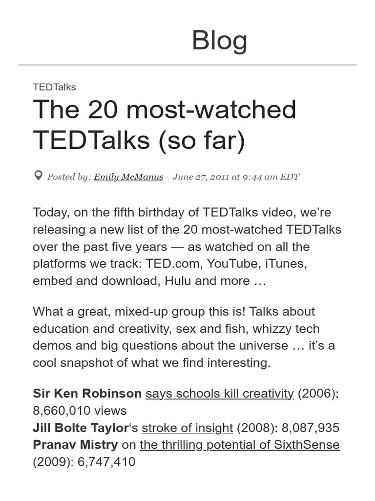 The 20 most watched tedtalks so far ted blog pdf websites
