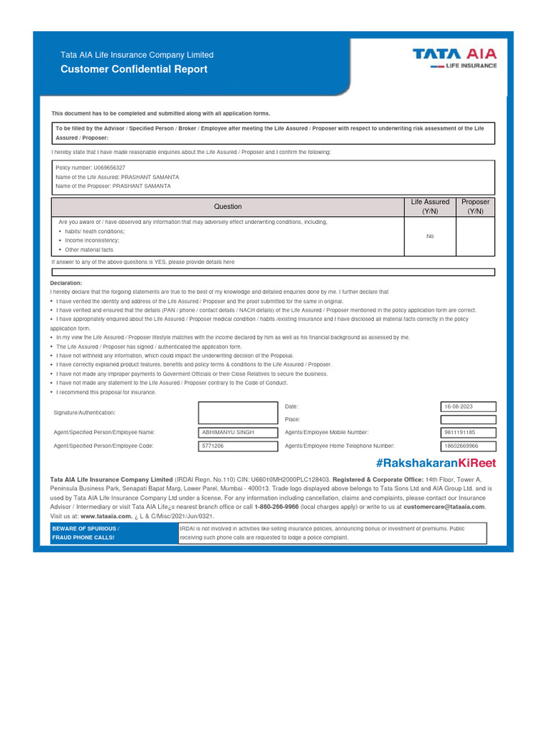 Tata AIA Customer Confidential Report | PDF