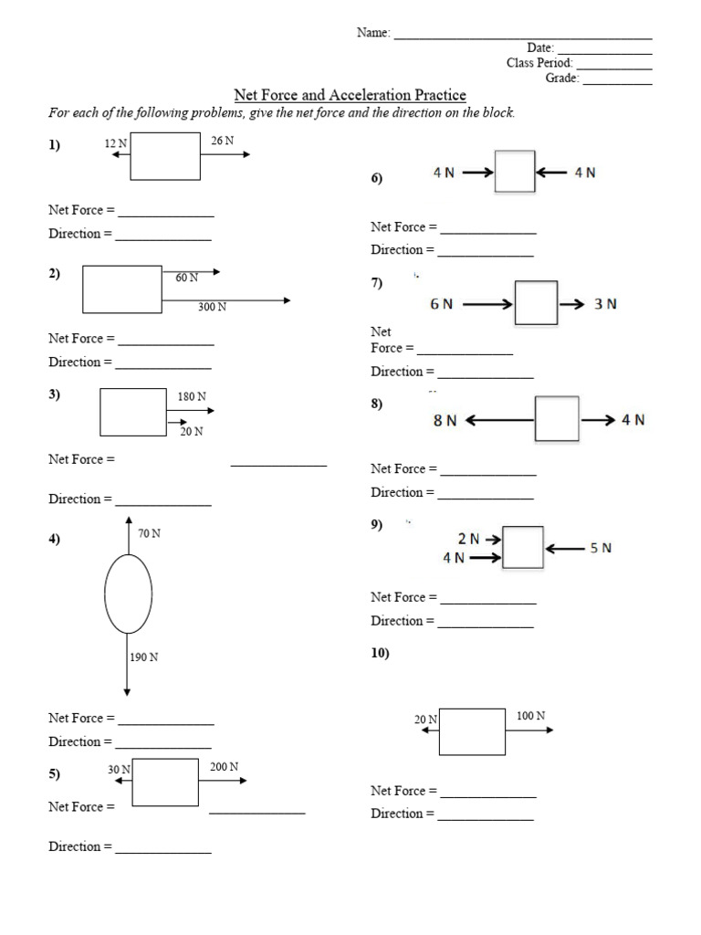 Net Force Practice Worksheet PDF