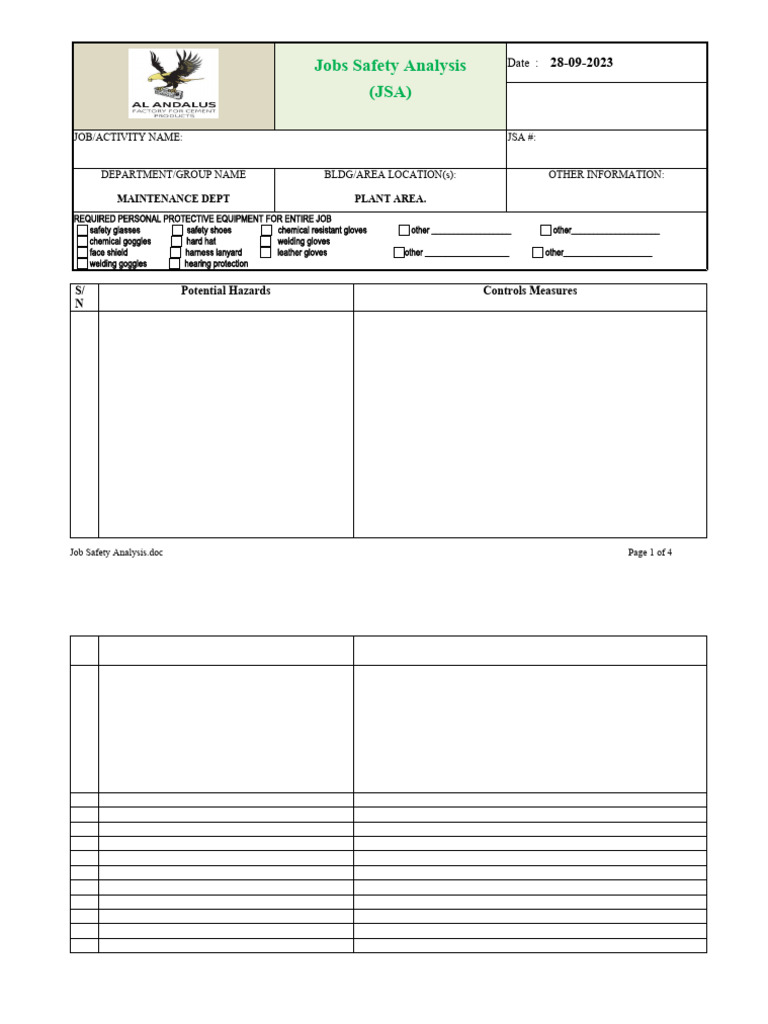 Job Safety Analysis Jsa Form | PDF | Labor Relations | Workplace