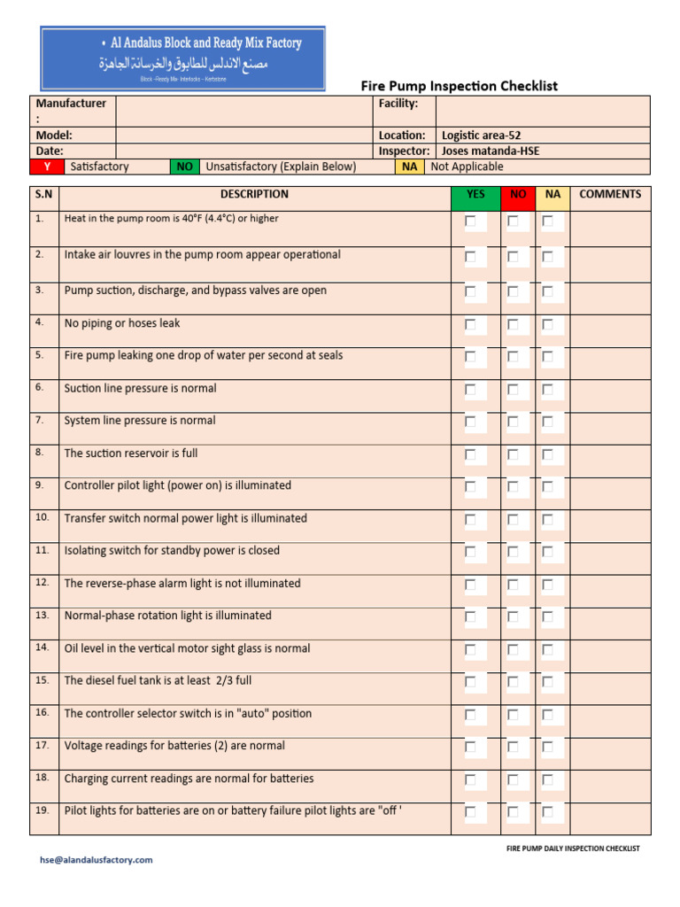 FirePumpInspectionChecklist (2) PDF Pump Diesel Engine