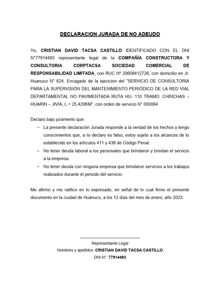 DECLARACION JURADA DE NO ADEUDO | PDF