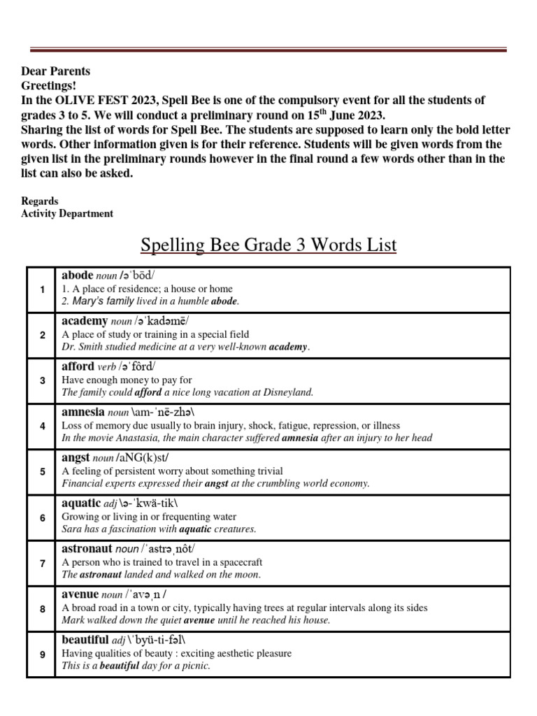 Grade 3 Spelling Bee Word List | PDF