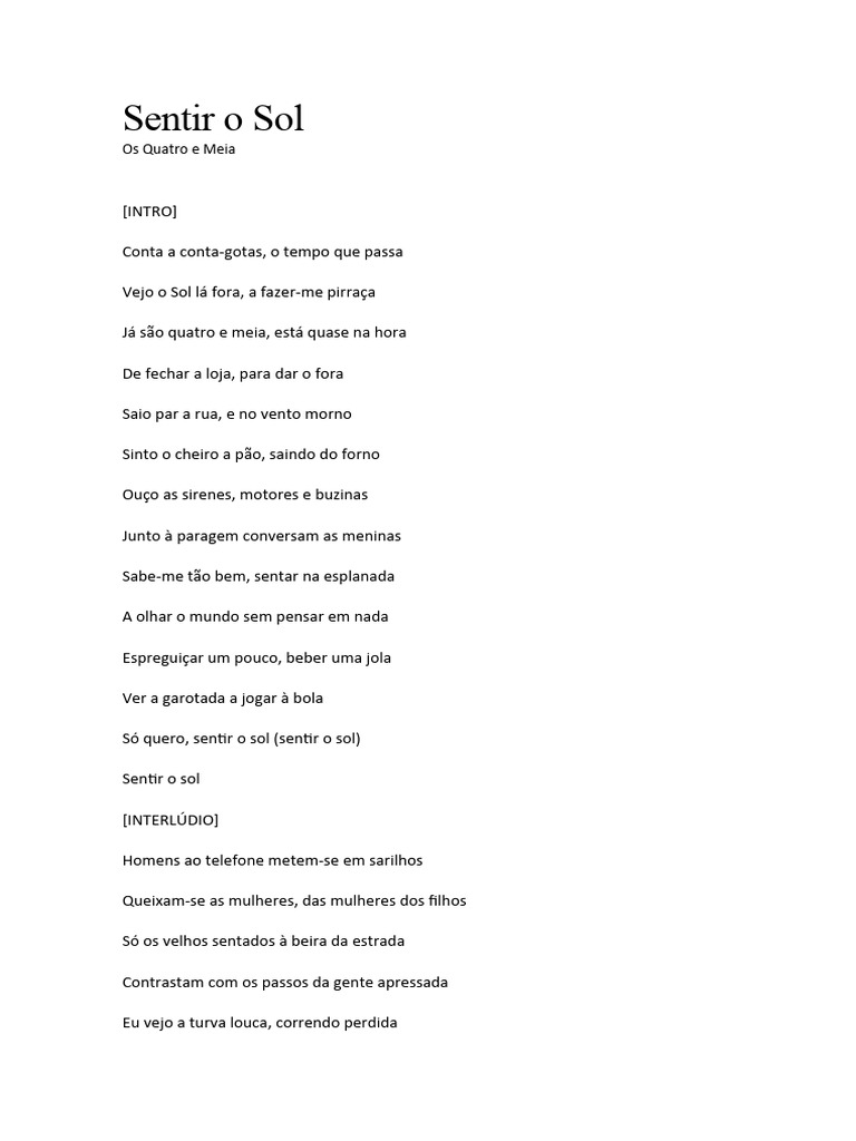 Letra Sentir o Sol - Os Quatro e Meia | PDF