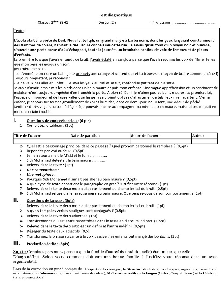Test de compréhension sur Derb Noualla | PDF | Grammaire | Linguistique