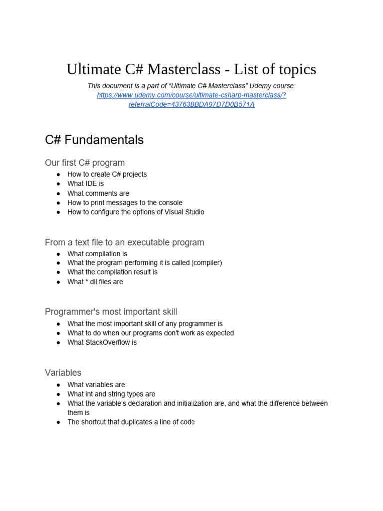 Ultimate C# Masterclass Topics Overview | PDF