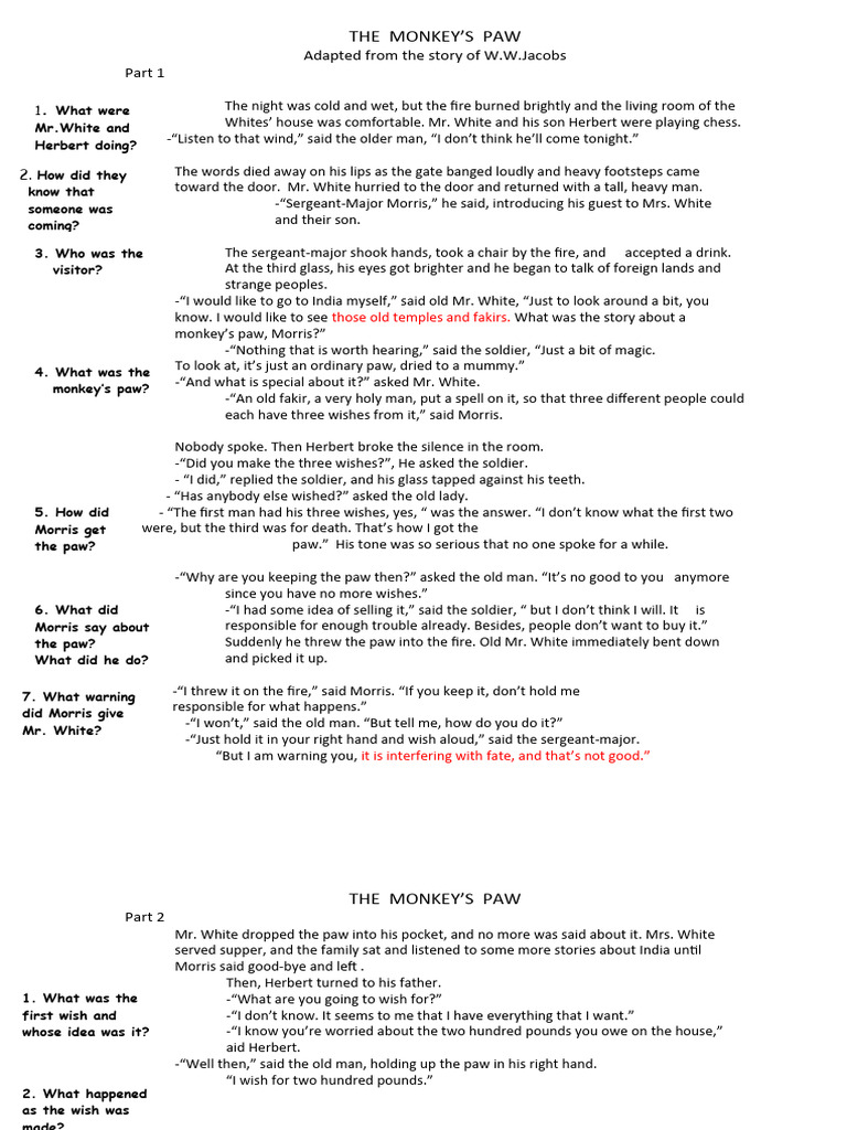 Monkey s Paw Worksheet PDF