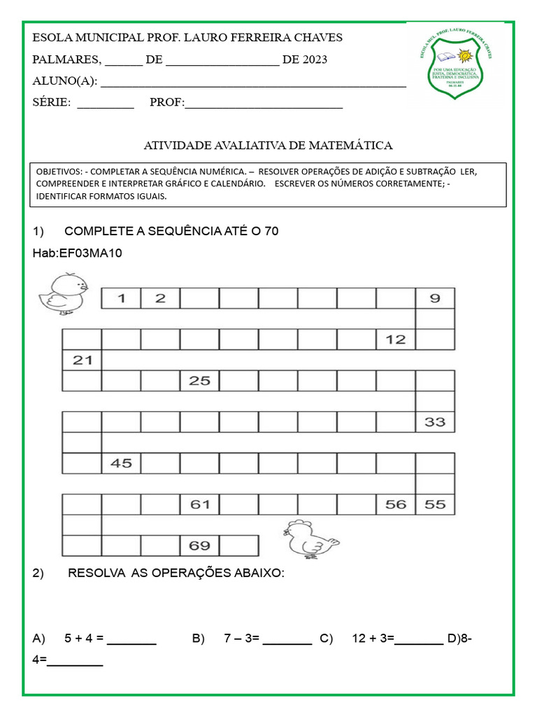 Atividade Avaliativa de Matemática 4º Ano | PDF | Matemática