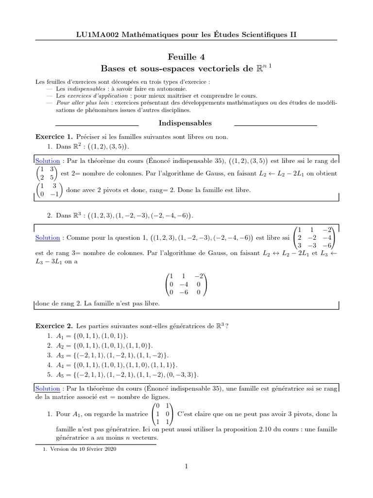 Sous-espaces vectoriels et bases en Rn | PDF | Base (algèbre linéaire ...
