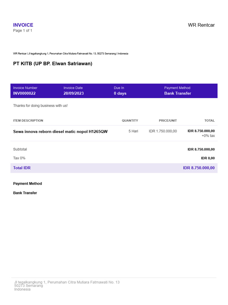 Contoh Invoice Rental | PDF
