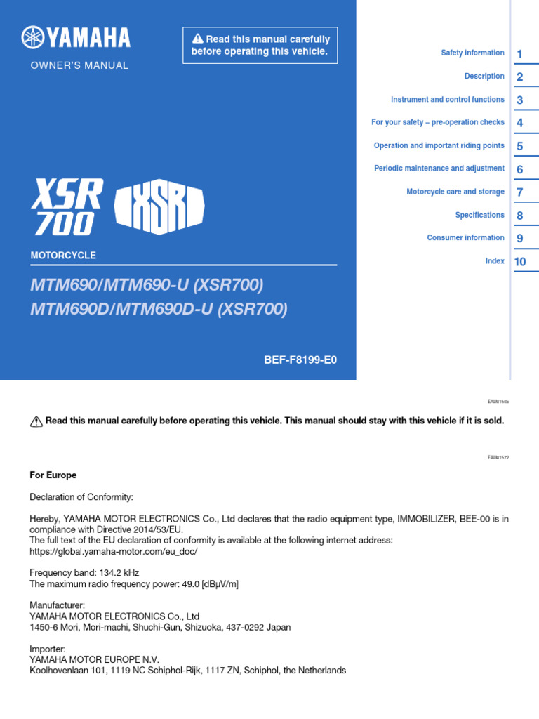 Yamaha XSR700 Owner's Manual | PDF