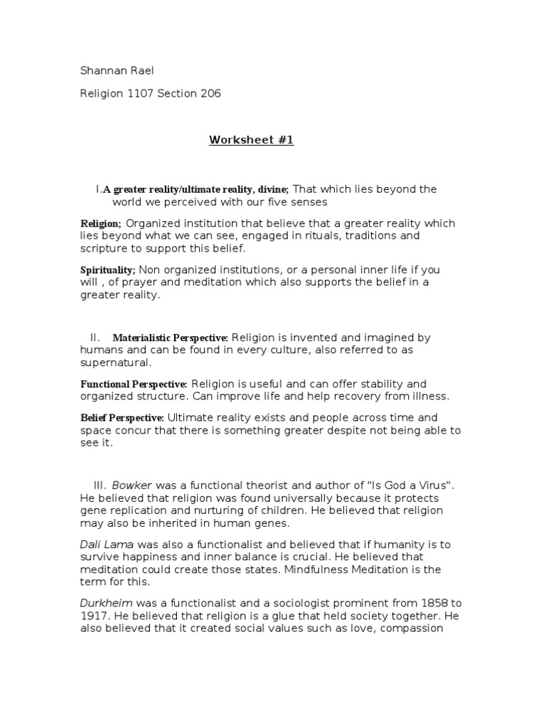 Religion Worksheet #1 | Monotheism | Rituals