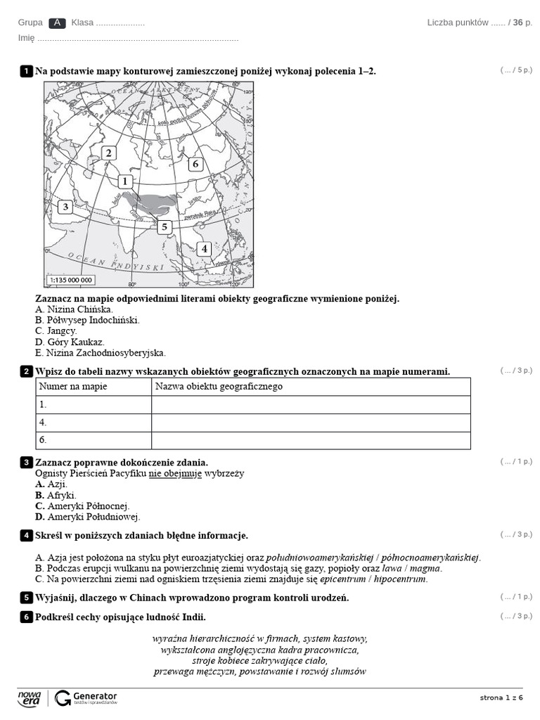 Sprawdzian Geografia Klasa 8 Azja Azja Test Klasa 8 Nowa Era - Ekowydruk | PDF