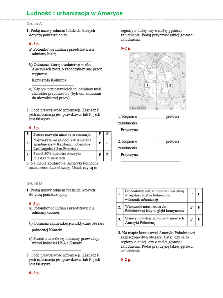 Urbanizacja W Ameryce Klasa 8 Kartkowka-Ludnosc-I-Urbanizacja-Ameryki Klasa 8 Nowa Era | PDF