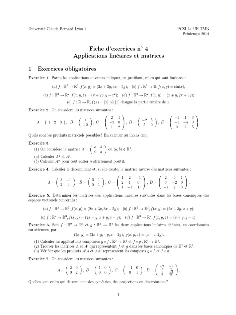 Exercices sur applications linéaires et matrices | PDF | Matrice ...