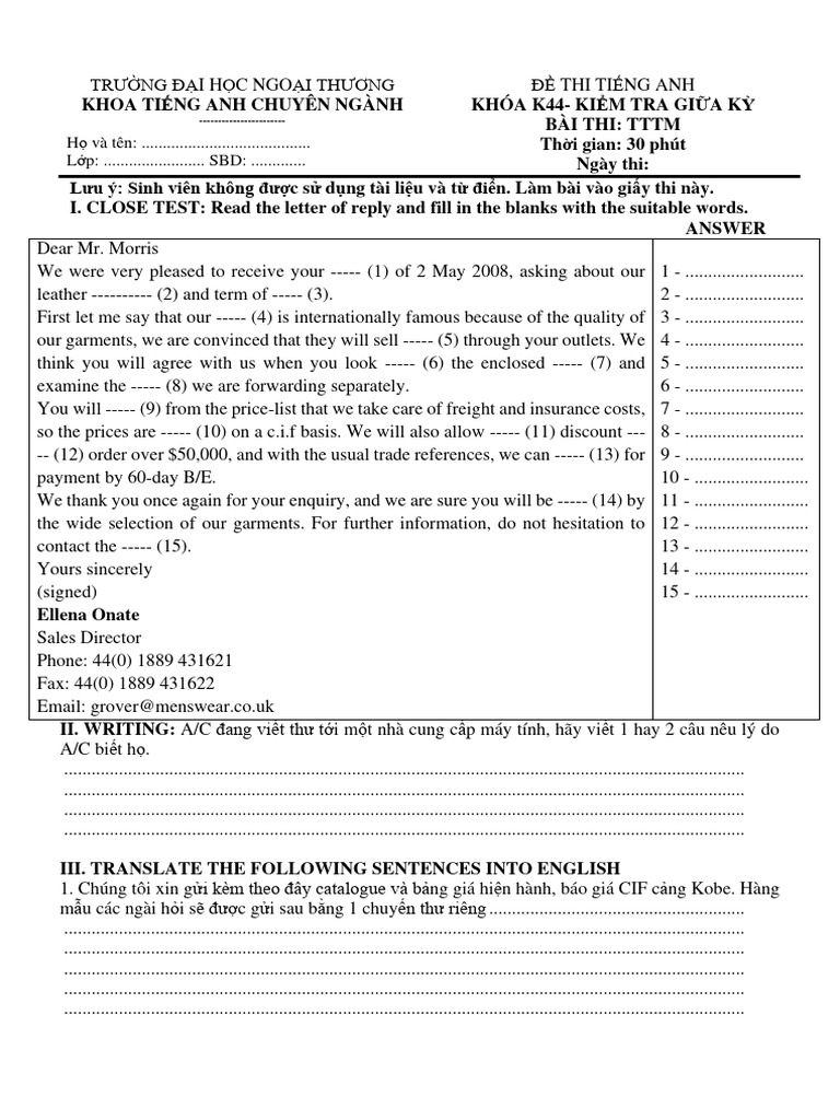 Samples of Mid Term Test - TTTM | PDF