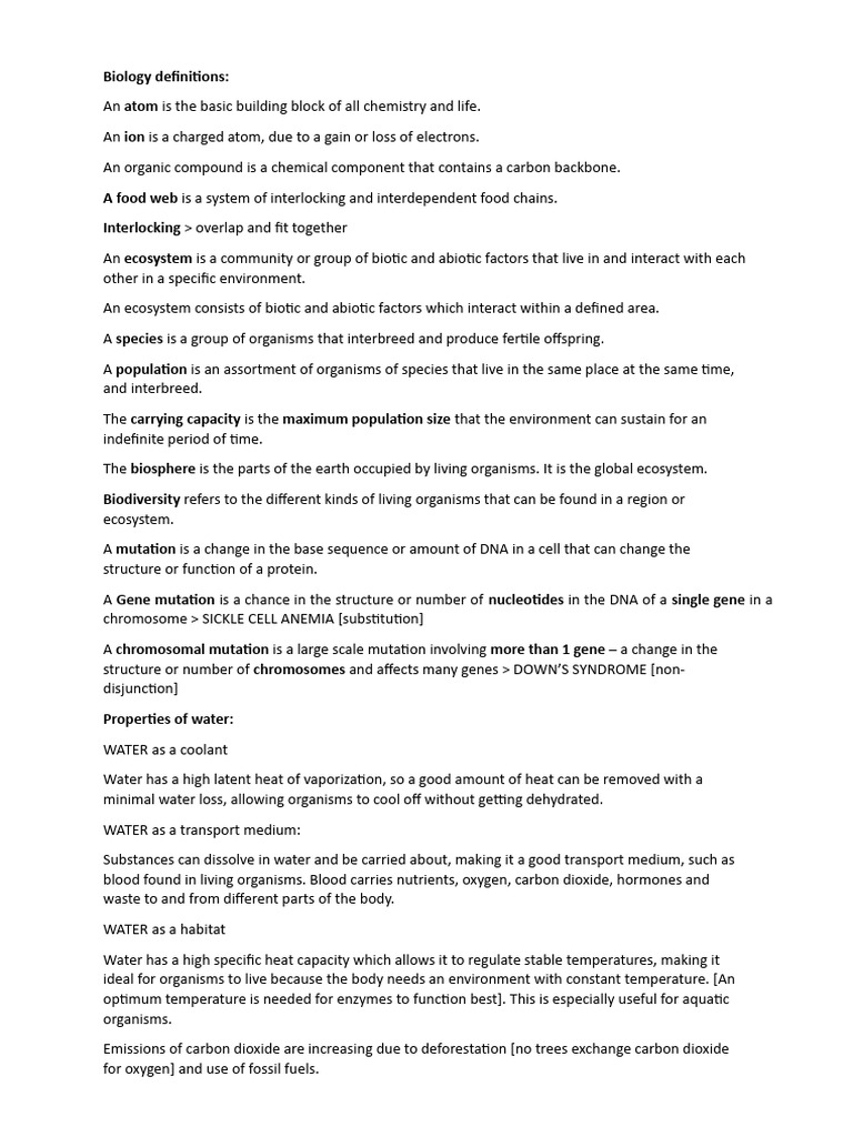Biology Definitions PDF Organisms Gene