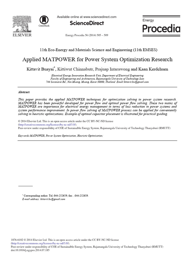Applied matpower for power system optimization research pdf