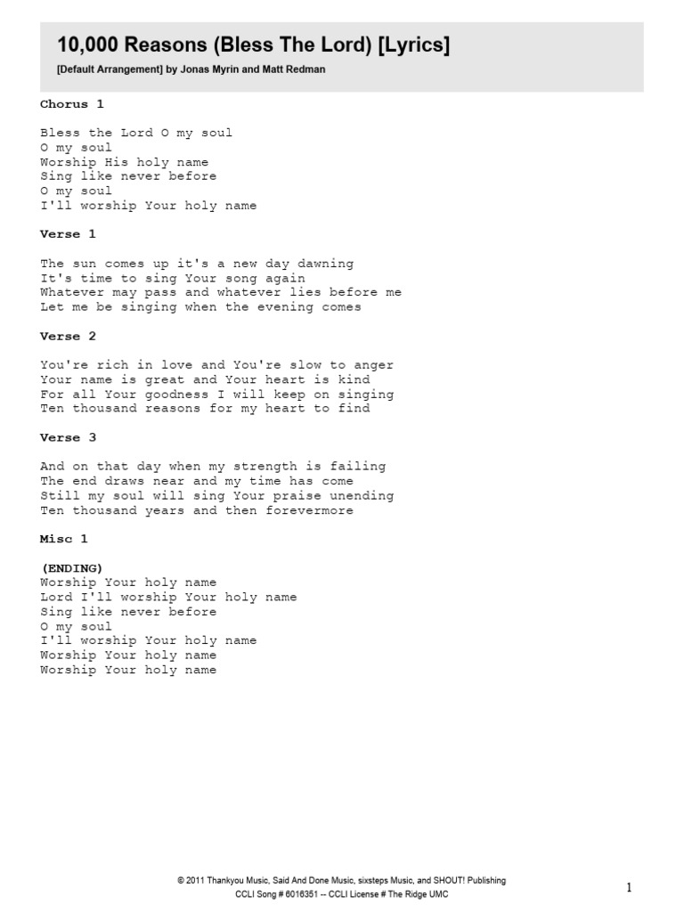 10 000 Reasons Bless The Lord Lyrics PDF