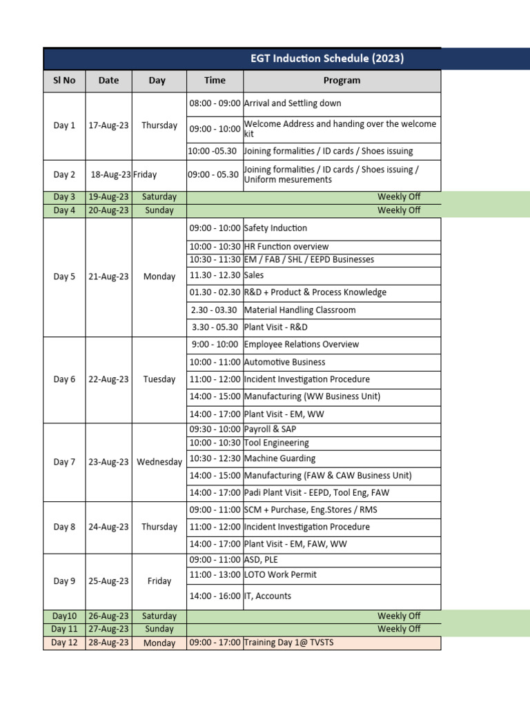 EGT Induction Schedule 2023 Aug 16, 2023 PDF Business