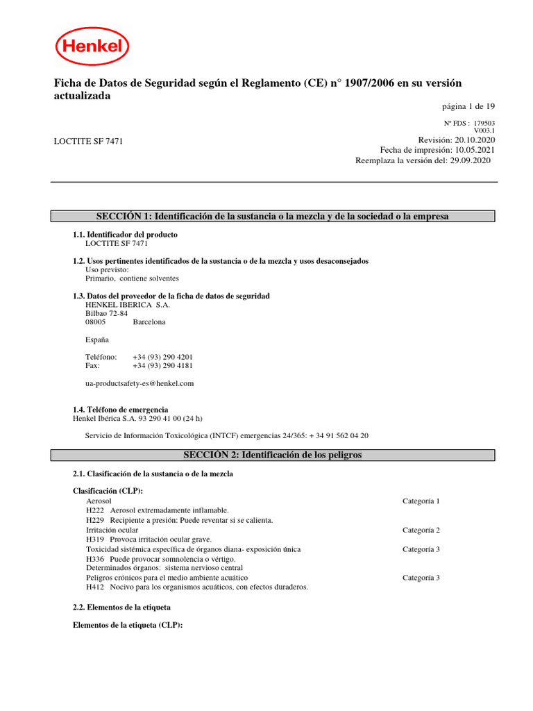 367ficha Seguridad Sds Loctite SF 7471 20102020 PDF
