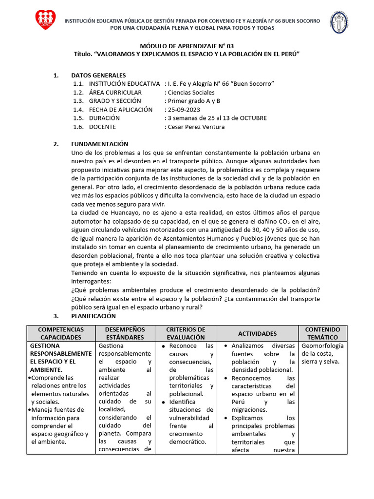 Módulo De Aprendizaje N 3 Primero Iii Bimestre Pdf Población