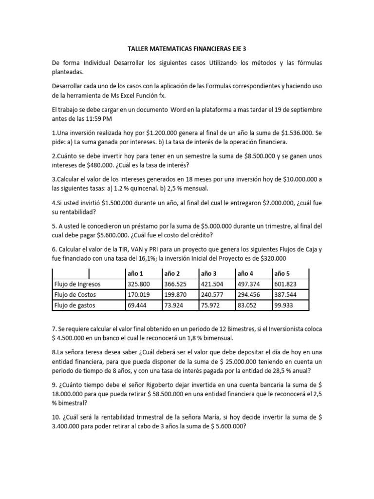 Taller de Matemáticas Financieras 2023 | PDF | Interés | Bancos