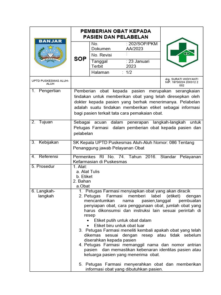 Sop Penyerahan Dan Pemberian Label Obat | PDF