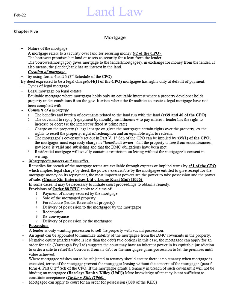 Land Law Notes PDF Mortgage Law Foreclosure