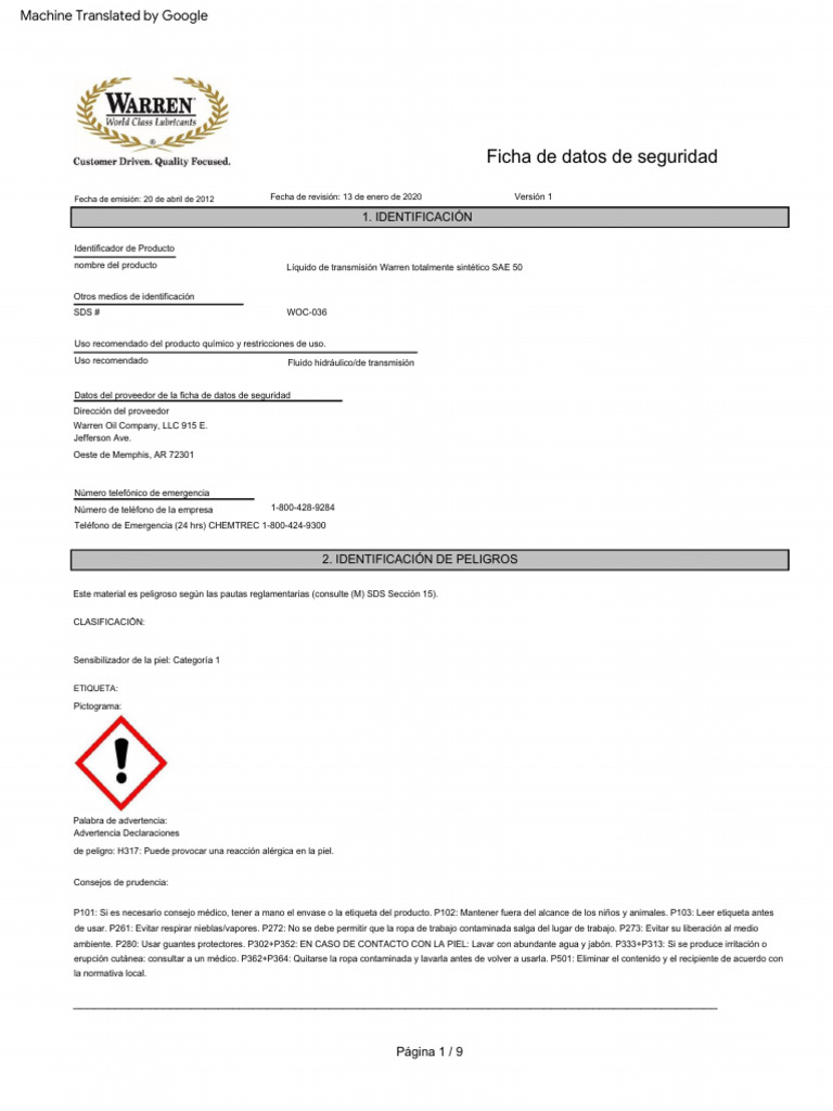 Hoja de Seguridad MSDS Warren Full Synthetic SAE 50 Transmission