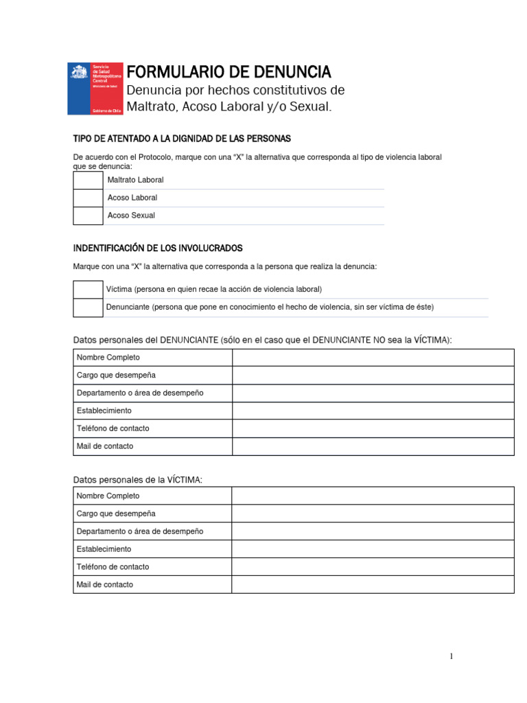 Formulario de Denuncia por Acoso Laboral | PDF | Acoso sexual | Abuso ...