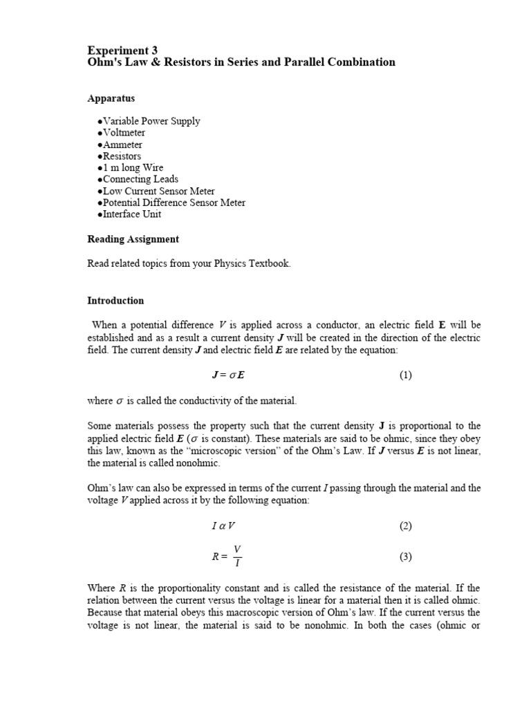Ohm's Law & Resistors in Series and Parallel Combination PDF