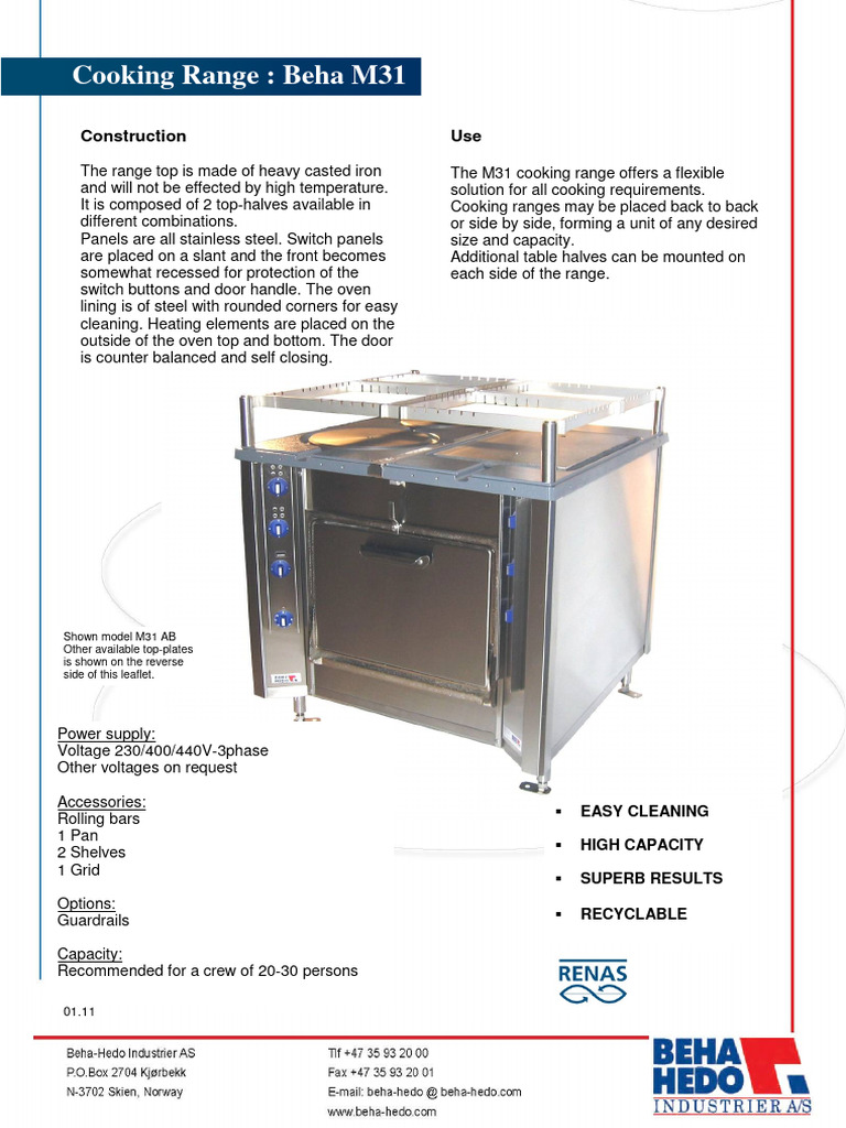 M31 Cooking Range Specifications | PDF