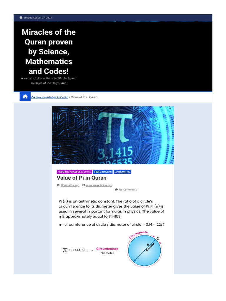 Value of Pi in Quran - Miracles of The Quran Proven by Science ...