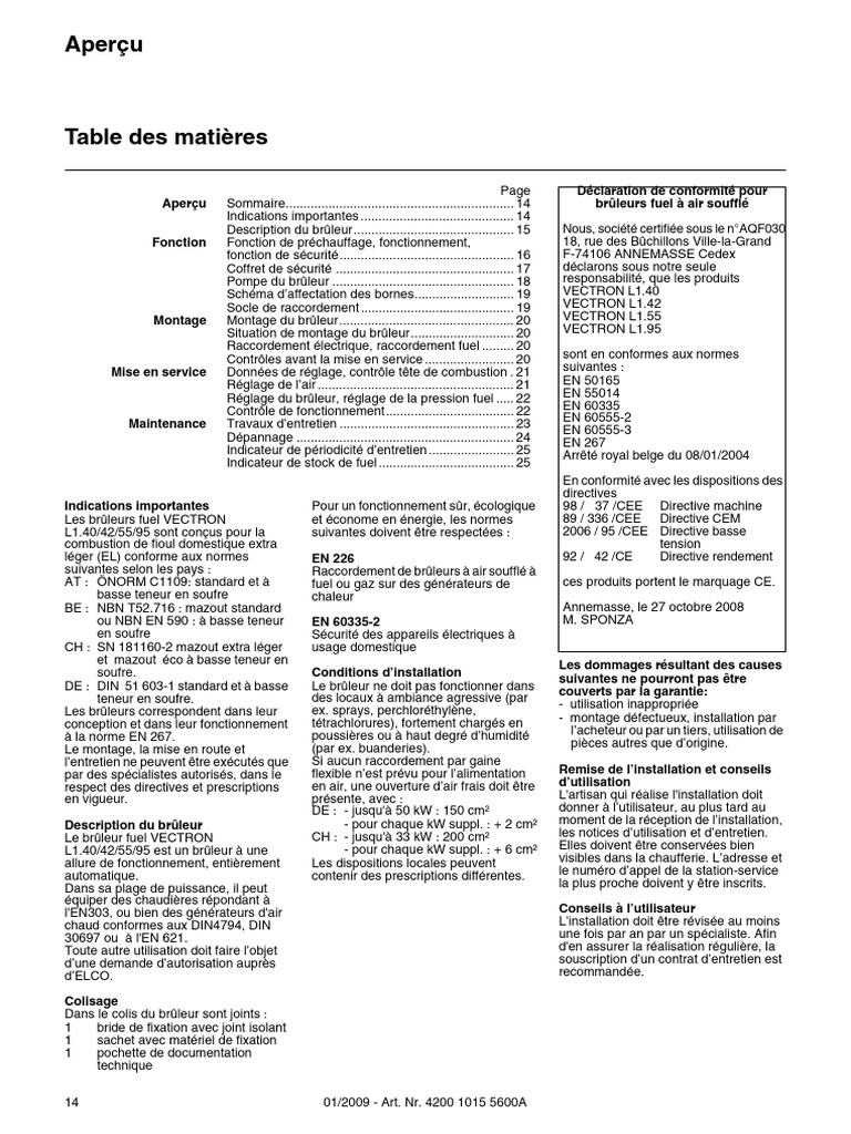 Guide d'utilisation brûleur Elco Vectron PDF Allumage Chaudière — free download