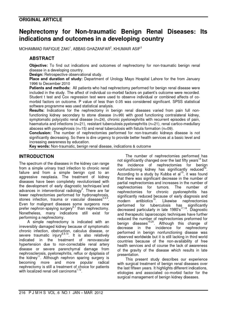 Zzzb nephrectomy for non traumatic benign renal diseases its