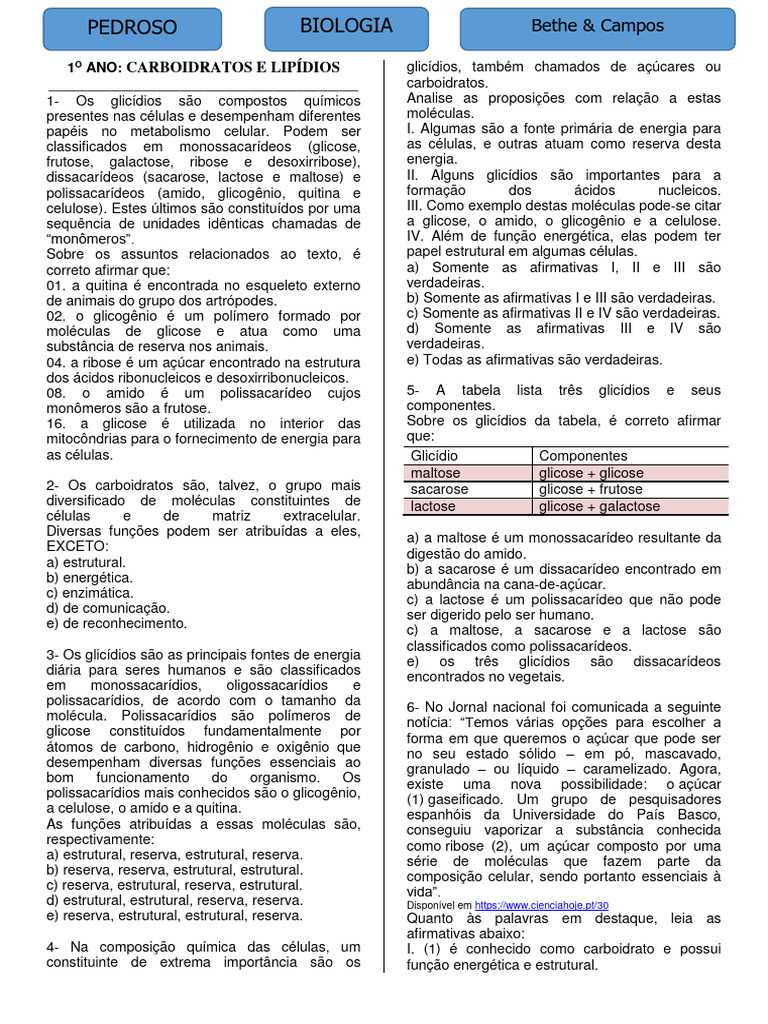 Exercícios Sobre Carboidratos e Lipídios | PDF | Carboidratos | Lipídio