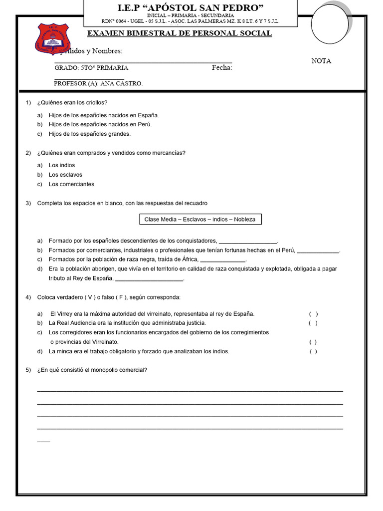 Examen Bimestral de Personal Social 5to | PDF