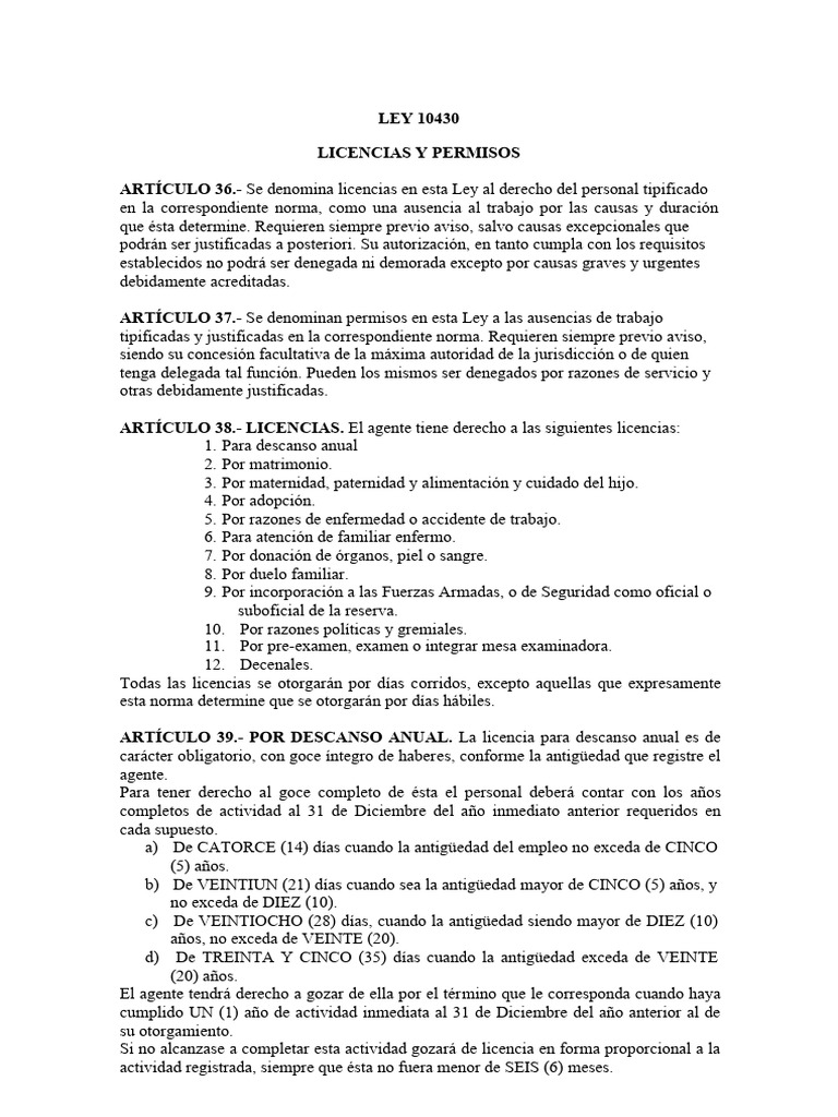 Licencias y Vacaciones Ley 10430 | PDF | Parto prematuro | Adopción