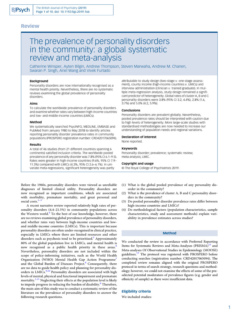 The Prevalence of Personality Disorders in The Community | PDF ...